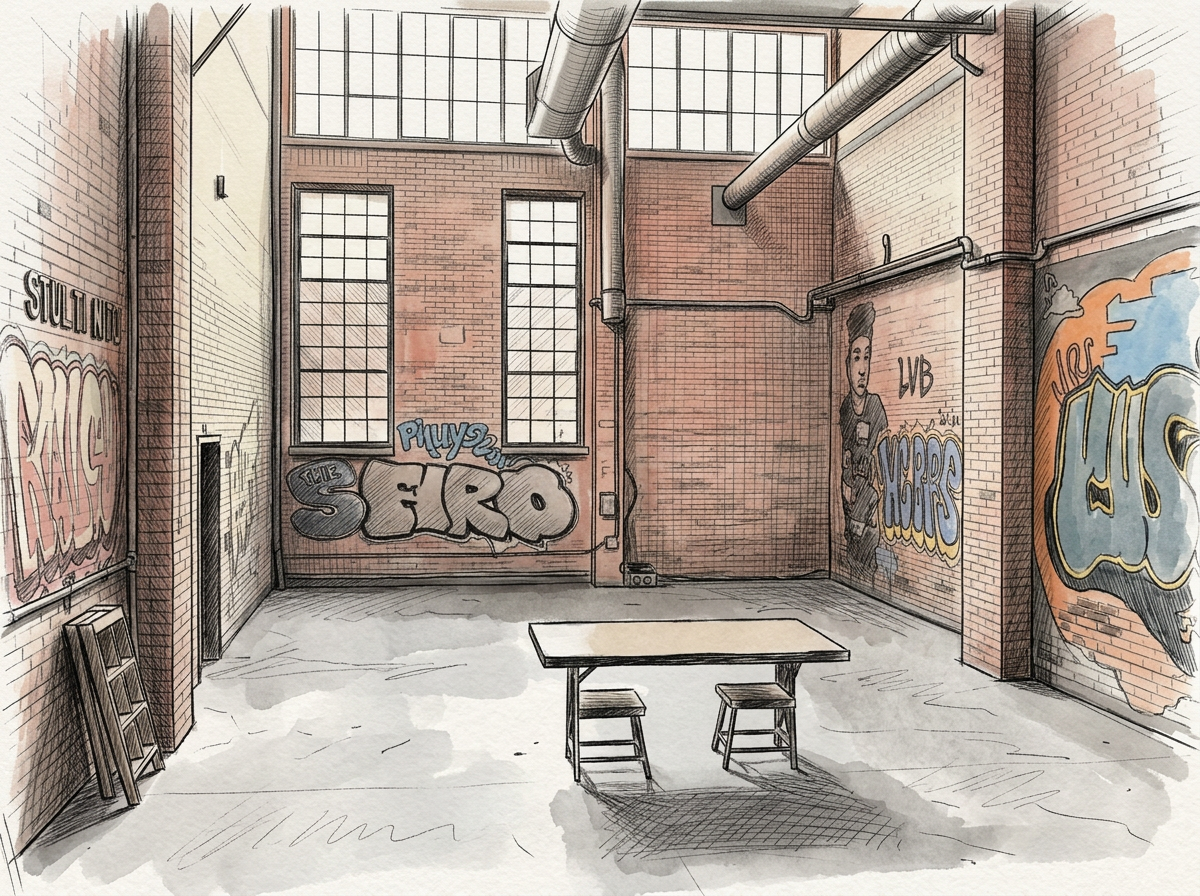 Bushwick loft interior — exposed brick, timber, high ceilings