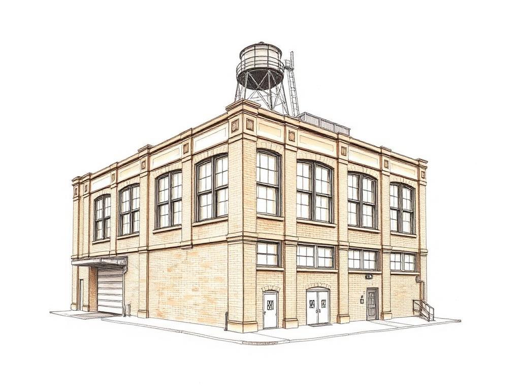 Ink sketch of an East Williamsburg warehouse