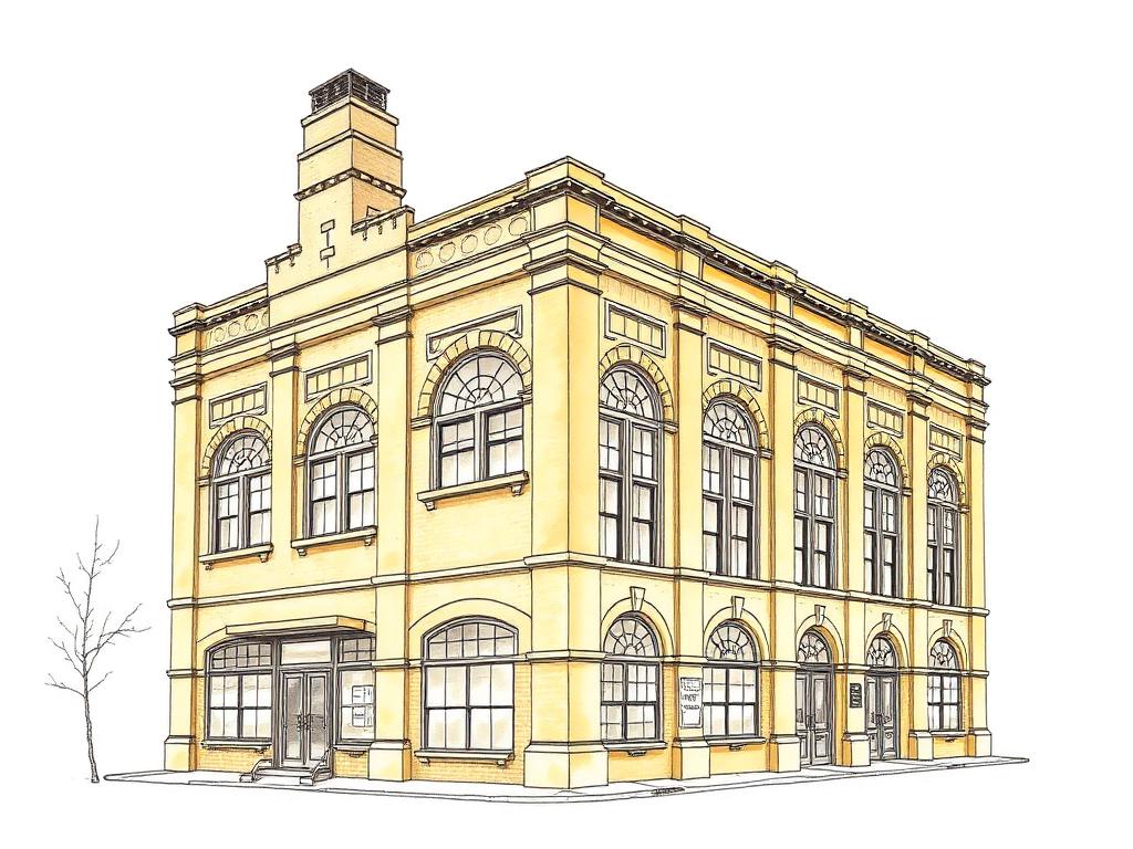 Ink sketch of a Ridgewood brick factory building